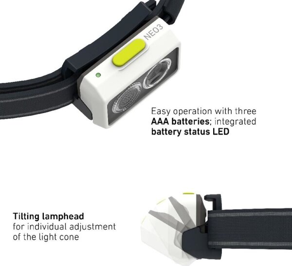 Ledlenser NEO3 - Lampada frontale dimmerabile a LED, alimentata da 3xAAA, IP54, 400 lm, 20 h, nero/bianco