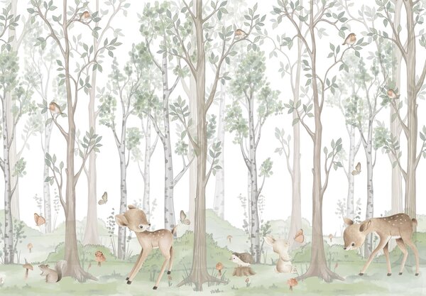 Carta da parati Sfondo con una foresta di alberi e animali, Carta da parati Natura, Carta da parati popolare, w02771v1 - Tapeko.it