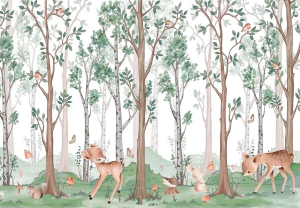Carta da parati Sfondo con una foresta di alberi e animali, Carta da parati Natura, Carta da parati popolare, w02771 - Tapeko.it