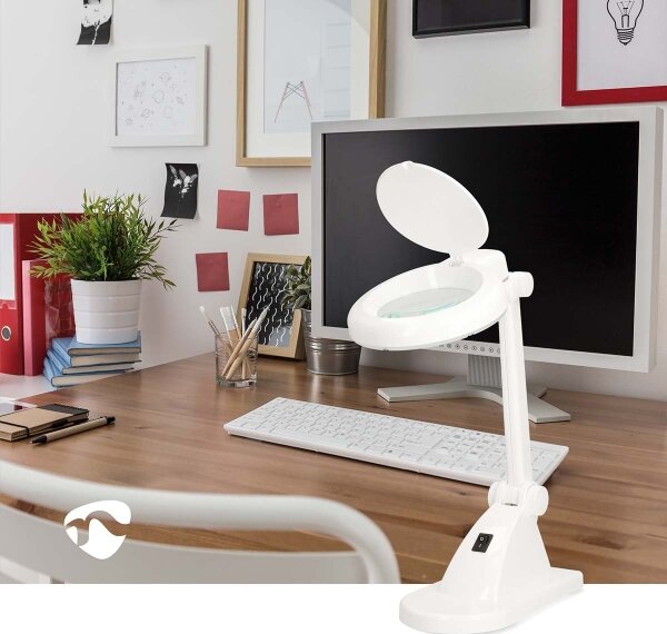 Nedis MAGLE1WT - Lampada da tavolo a LED con lente d'ingrandimento, 6W/230V, bianca