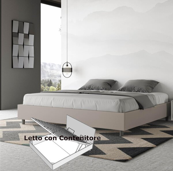 Letto Matrimoniale con Contenitore AZELIA KING SIZE, Similpelle Dimensioni 180x200 cm giroletto imbottito effetto trapuntato colore Tortora