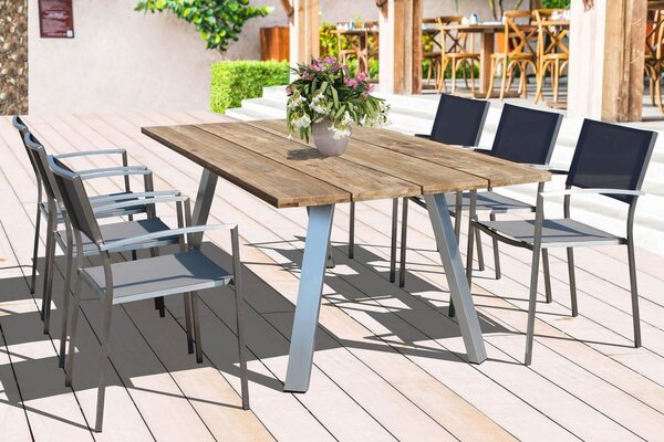 SALTUS - set tavolo in alluminio e teak cm 200 x 100 x 74 h con 6 poltrone Florentia