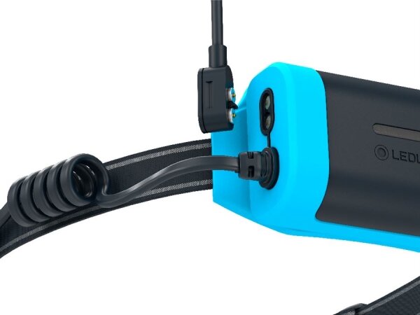 Ledlenser NEO9R-LED Lampada frontale ricaricabile a LED dimmerabile, batteria 5000 mAh, IP54, 1200 lm, autonomia fino a 120 h, nero/blu