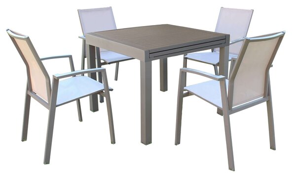 JERRI - set tavolo in alluminio cm 90/180 x 90 x 75 h con 4 poltrone Lotus