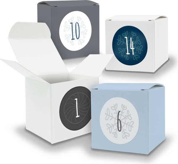 Calendario dell'Avvento da riempire, 24 cubetti da 5 cm, GRIGIO, BIANCO, AZZURRO + adesivi V13 Z12