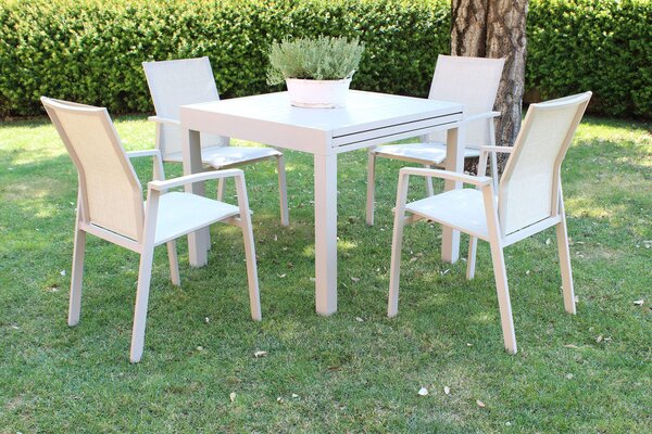 JERRI - set tavolo in alluminio cm 90/180 x 90 x 75 h con 4 poltrone Lotus