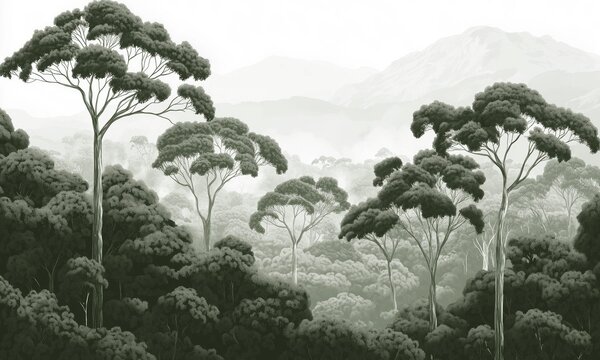 Carta da parati Foresta con alberi e montagne sullo sfondo, Carta da parati Foglie, Carta da parati popolare, w02739v1 - Tapeko.it
