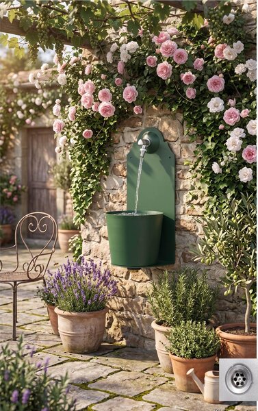 Fontana da Parete Giardino con Rubinetto e Secchio Dimensioni 26x25xh 61cm - peso 8,5 kg con tubo rubinetto, Garantita contro la ruggine Colore Verde