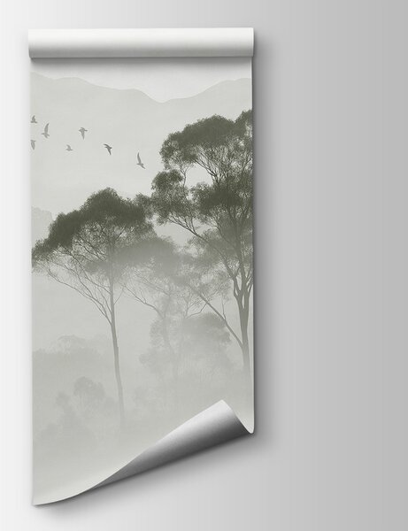 Carta da parati Uccelli in volo sugli alberi, Carta da parati Foglie, Carta da parati popolare, w02740 - Tapeko.it