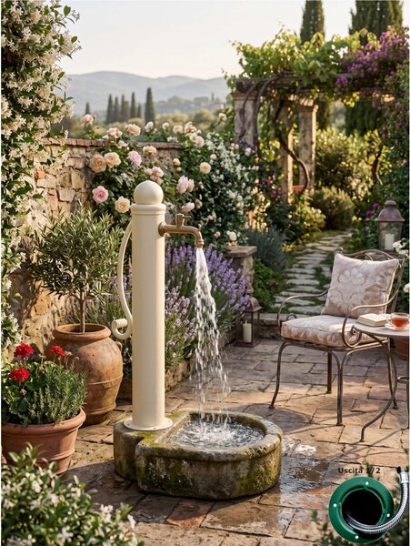 Fontana da Giardino Stile Romantico DUE Rubinetti Acciaio Alluminio Belfer Dimensioni 38x16xh 96 cm - peso 7,8 kg con tubo rubinetto, Colore Avorio