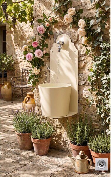 Fontana da Parete Giardino con Rubinetto e Secchio Dimensioni 26x25xh 61cm - peso 8,5 kg con tubo rubinetto, Garantita contro la ruggine Colore Avorio
