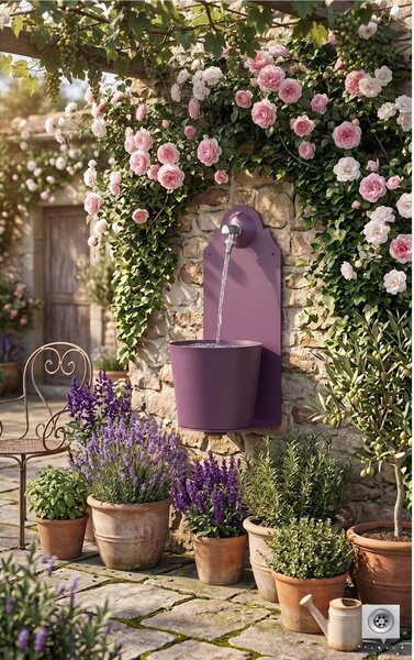 Fontana da Parete Giardino con Rubinetto e Secchio Dimensioni 26x25xh 61cm - peso 8,5 kg con tubo rubinetto, Garantita contro la ruggine Colore Viola