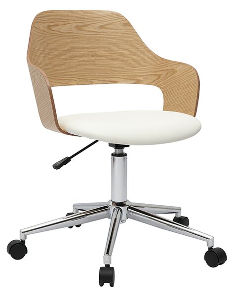 Sedia da ufficio girevole design bianco, legno chiaro rovere e acciaio cromato JANET