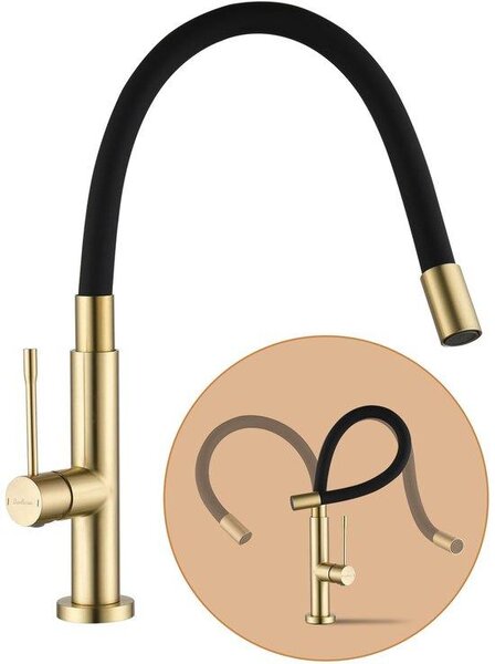 Rubinetto da cucina RVS con bocca flessibile girevole a 360°, rubinetto da cucina ad arco alto e alta pressione, con doccetta e miscelatore - resistente (colore oro)