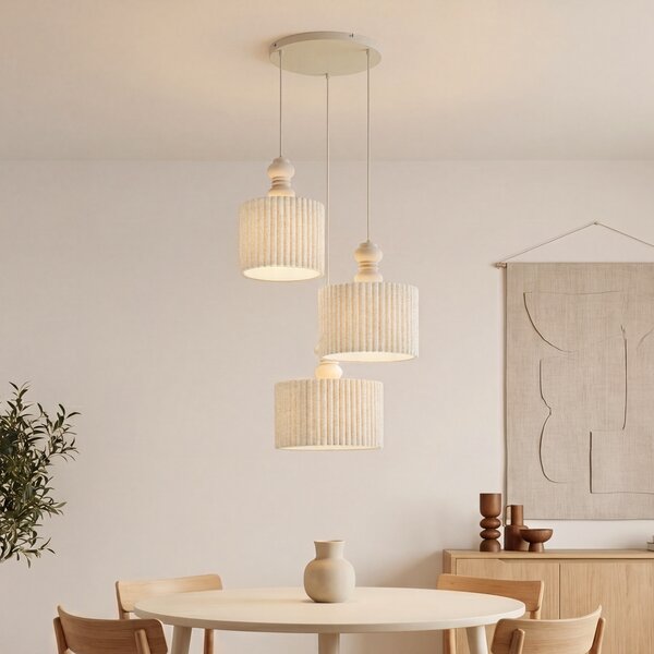 Lampada a sospensione Japandi beige con paralume in lino 3 luci - Fedde
