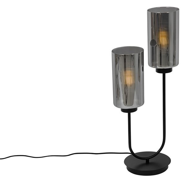 Lampada da tavolo Art Déco nera con vetro fumé 2 luci - Laura