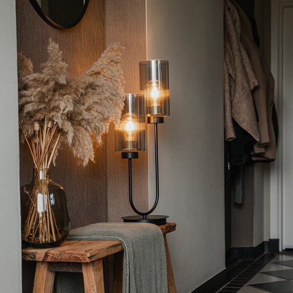 Lampada da tavolo Art Déco nera con vetro fumé 2 luci - Laura