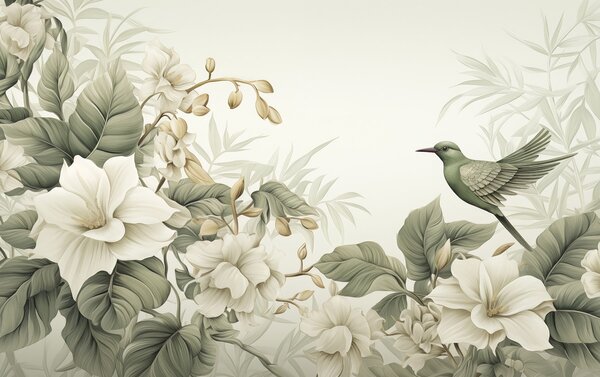 Carta da parati Paesaggio tropicale con fiori, Carta da parati Acquerello, w02844 : Uwalls.it