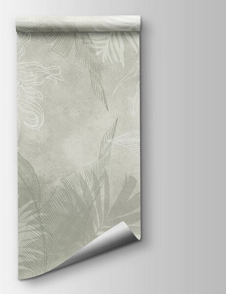 Carta da parati Motivo floreale bianco e grigio, Carta da parati Foglie di Palma, Carta da parati popolare, w02737v2 - Tapeko.it