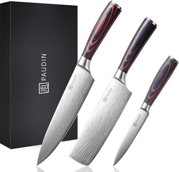 Set di coltelli PAUDIN NS1 Profi – 3 pezzi – Acciaio al carbonio tedesco – Motivo damascato – Coltello da chef, coltello nakiri e coltello da verdura