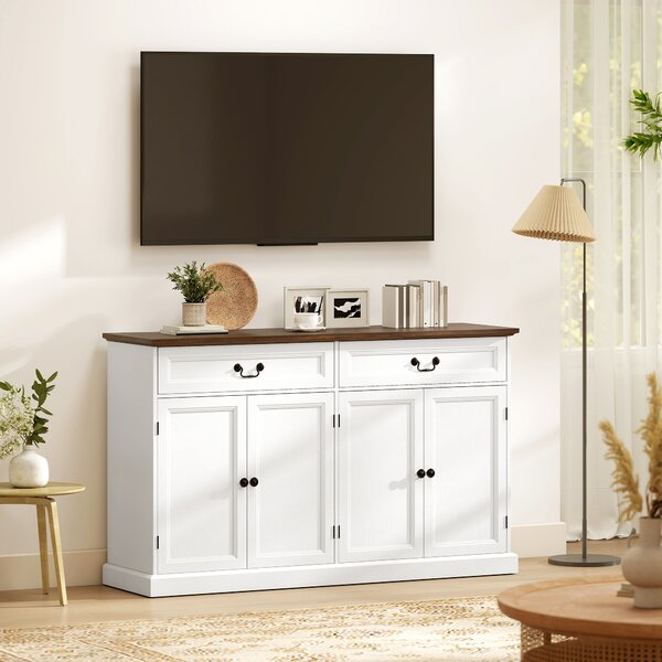 HOMCOM Buffet da Cucina con 4 ante e 2 cassetti silenziosi, Mobile da salotto con ripiani regolabili, 140x40x85 cm, Bianco e marrone | Aosom Italy