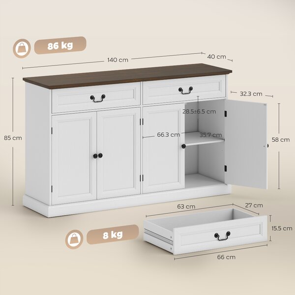 HOMCOM Buffet da Cucina con 4 ante e 2 cassetti silenziosi, Mobile da salotto con ripiani regolabili, 140x40x85 cm, Bianco e marrone | Aosom Italy