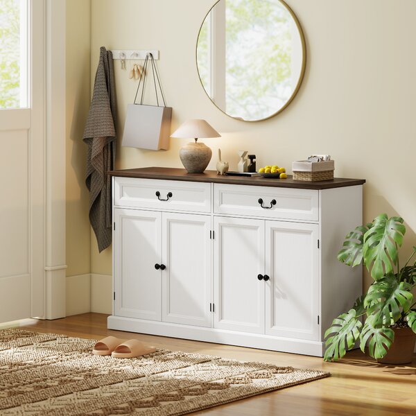 HOMCOM Buffet da Cucina con 4 ante e 2 cassetti silenziosi, Mobile da salotto con ripiani regolabili, 140x40x85 cm, Bianco e marrone | Aosom Italy