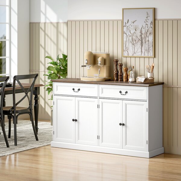 HOMCOM Buffet da Cucina con 4 ante e 2 cassetti silenziosi, Mobile da salotto con ripiani regolabili, 140x40x85 cm, Bianco e marrone | Aosom Italy