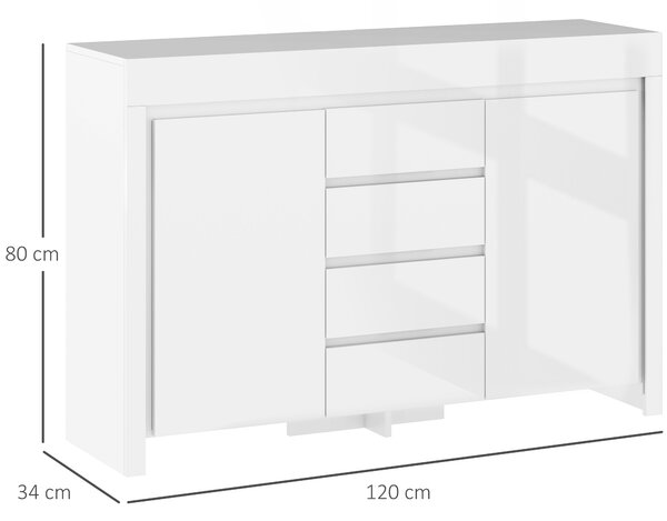 HOMCOM Buffet da cucina con illuminazione LED e 4 cassetti, Ante con chiusura ammortizzata, 120x34x80 cm, bianco lucido | Aosom Italy