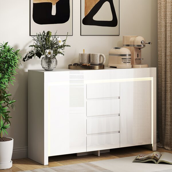 HOMCOM Buffet da cucina con illuminazione LED e 4 cassetti, Ante con chiusura ammortizzata, 120x34x80 cm, bianco lucido | Aosom Italy