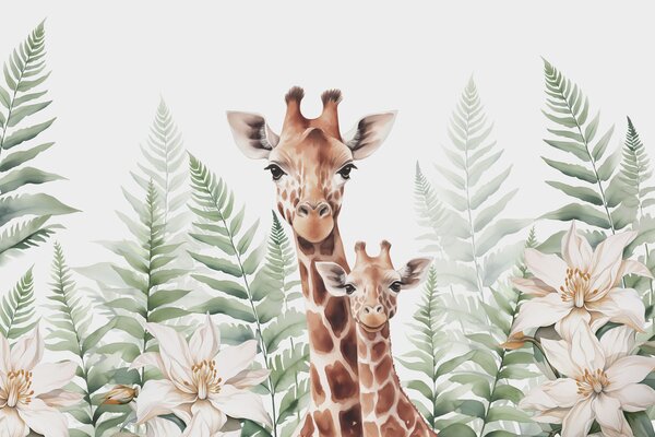 Carta da parati Giraffe e fiori, Carta da parati animali, Carta da parati popolare, w02886 - Tapeko.it