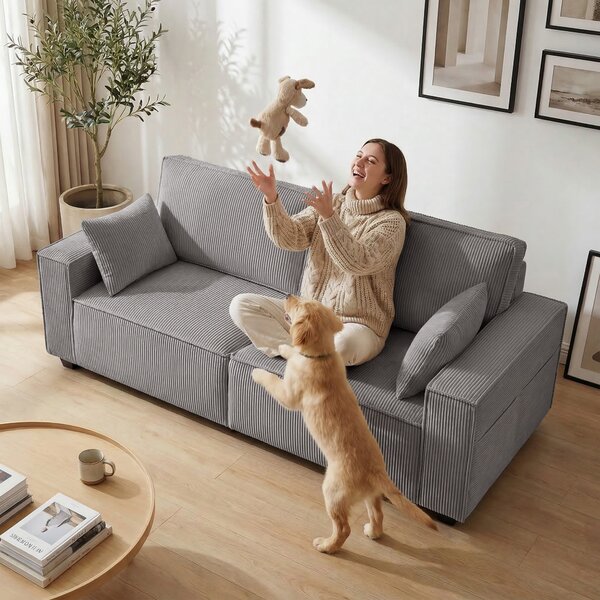 HOMCOM Divano Moderno 3 posti con braccioli larghi e 2 cuscini, 218x79x91 cm, Grigio Chiaro | Aosom Italy