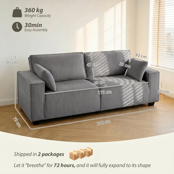 HOMCOM Divano Moderno 3 posti con braccioli larghi e 2 cuscini, 218x79x91 cm, Grigio Chiaro | Aosom Italy