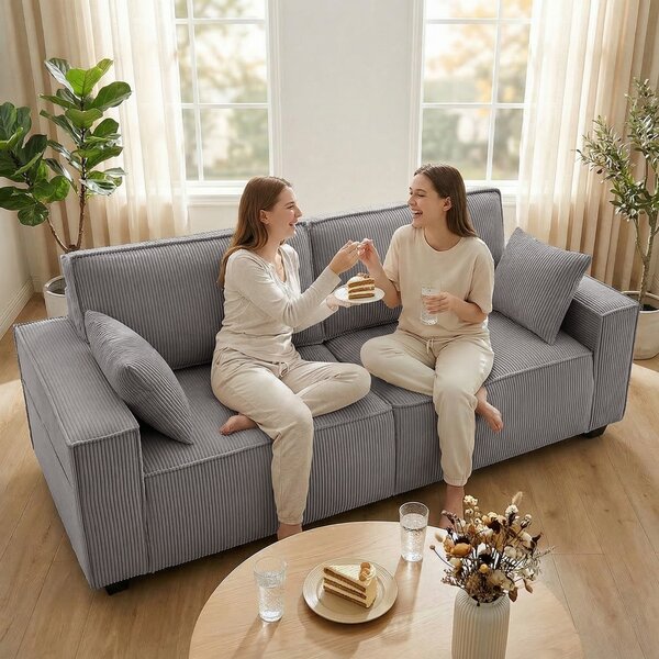 HOMCOM Divano Moderno 3 posti con braccioli larghi e 2 cuscini, 218x79x91 cm, Grigio Chiaro | Aosom Italy