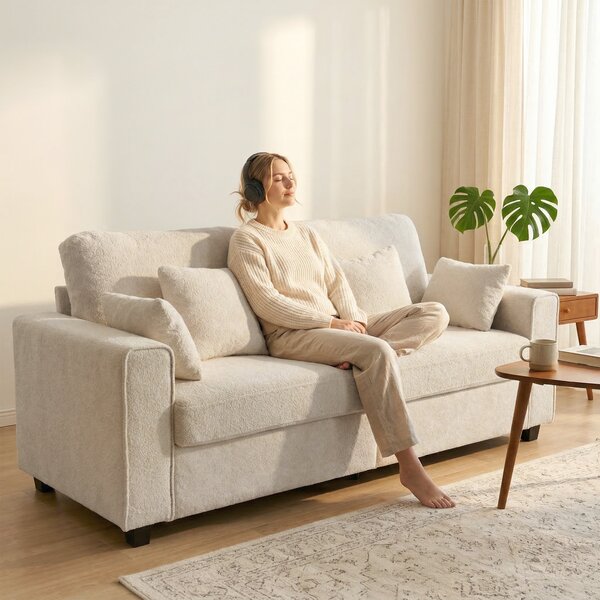 HOMCOM Divano Moderno 3 posti con braccioli larghi e 4 cuscini, rivestimento in velluto Raindrop e seduta profonda, 211,5x85x90 cm, beige | Aosom Italy