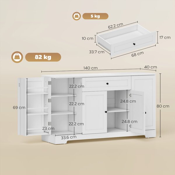 HOMCOM Buffet da cucina con cassetto e 4 ante a chiusura soft, Mobile contenitore con porta-rack e ripiani regolabili, 140x40x80 cm, Bianco | Aosom Italy