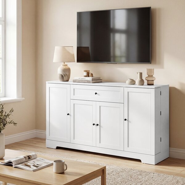 HOMCOM Buffet da cucina con cassetto e 4 ante a chiusura soft, Mobile contenitore con porta-rack e ripiani regolabili, 140x40x80 cm, Bianco | Aosom Italy