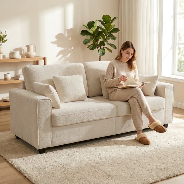 HOMCOM Divano Moderno 3 posti con braccioli larghi e 4 cuscini, rivestimento in velluto Raindrop e seduta profonda, 211,5x85x90 cm, beige | Aosom Italy