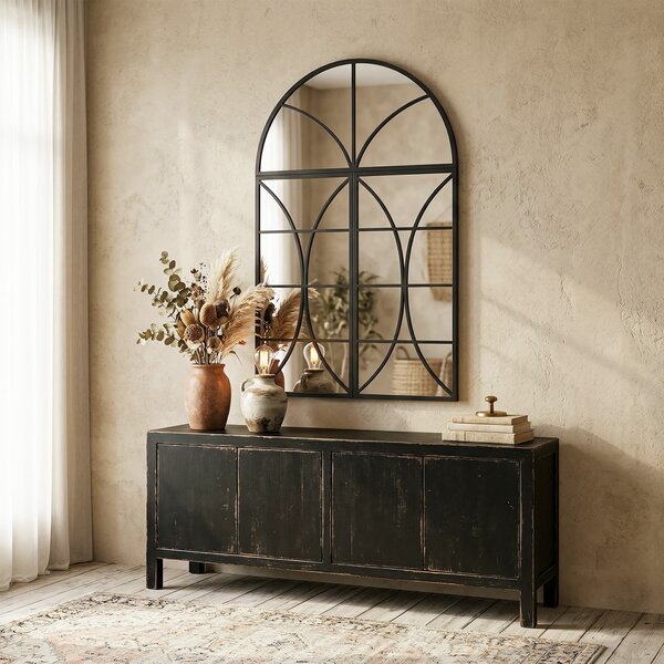 HOMCOM Specchio ad arco da parete, tipo vetrata a forma di finestra e vetro temperato e metallo, 80x120 cm, Nero | Aosom Italy
