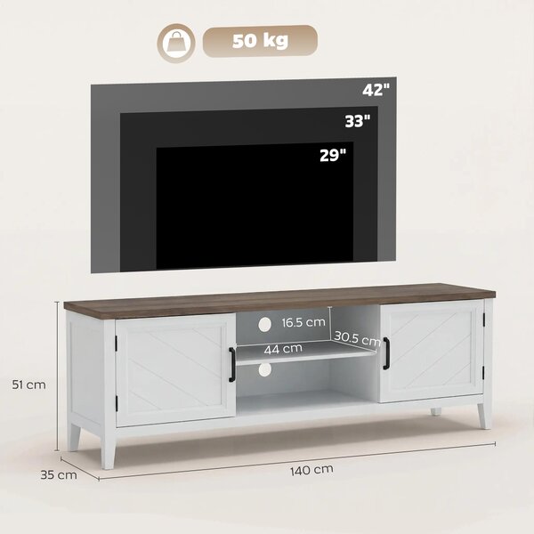 HOMCOM Mobile TV con 2 ante e 2 scomparti aperti fino a 106,7 cm, 140x35x51 cm, bianco e marrone | Aosom Italy