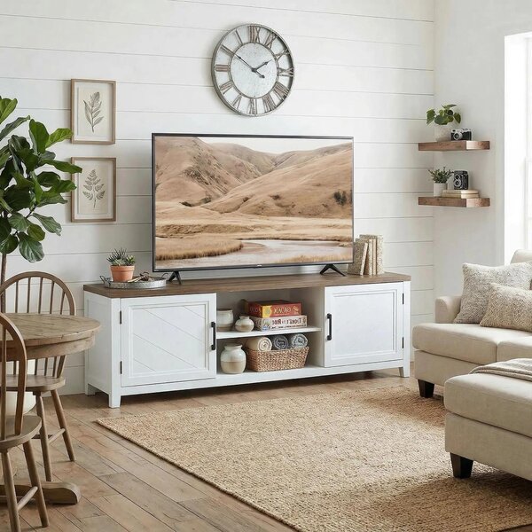 HOMCOM Mobile TV con 2 ante e 2 scomparti aperti fino a 106,7 cm, 140x35x51 cm, bianco e marrone | Aosom Italy