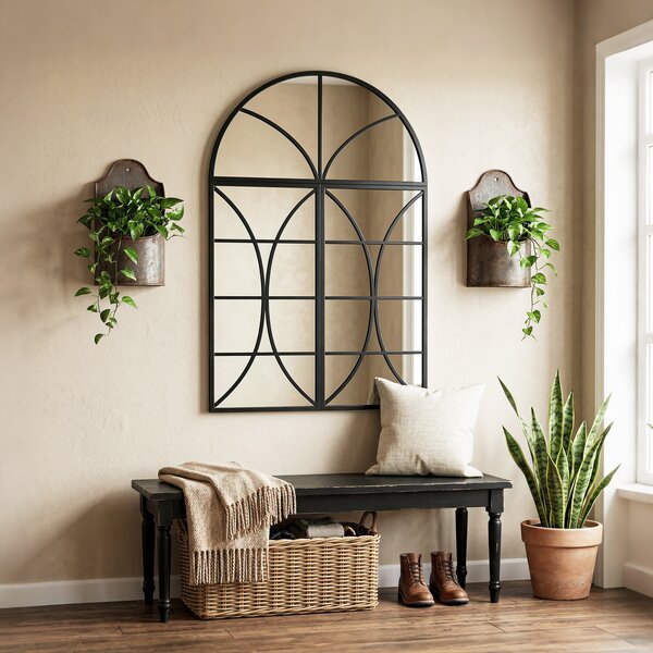 HOMCOM Specchio ad arco da parete, tipo vetrata a forma di finestra e vetro temperato e metallo, 80x120 cm, Nero | Aosom Italy