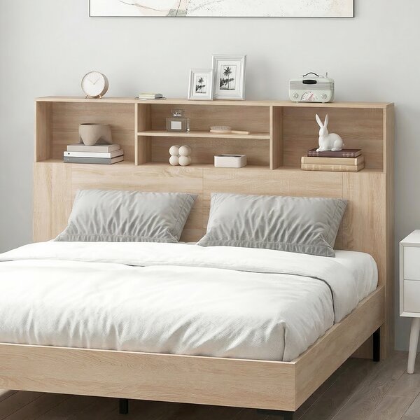 HOMCOM Testiera autoportante con ripiani, accessorio letto e 4 scomparti aperti, 160x20,2x108,2 cm, legno naturale | Aosom Italy
