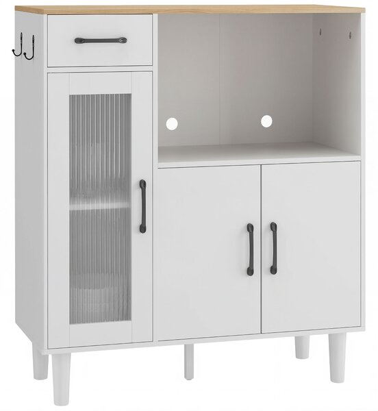 HOMCOM Credenza da cucina con cassetto, Armadio con 2 ante e vano aperto, porta in vetro acrilico rigato, 80x34x91 cm, Bianco | Aosom Italy