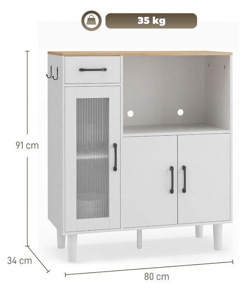 HOMCOM Credenza da cucina con cassetto, Armadio con 2 ante e vano aperto, porta in vetro acrilico rigato, 80x34x91 cm, Bianco | Aosom Italy