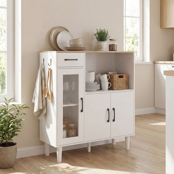 HOMCOM Credenza da cucina con cassetto, Armadio con 2 ante e vano aperto, porta in vetro acrilico rigato, 80x34x91 cm, Bianco | Aosom Italy