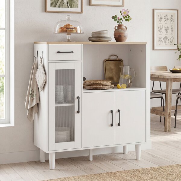 HOMCOM Credenza da cucina con cassetto, Armadio con 2 ante e vano aperto, porta in vetro acrilico rigato, 80x34x91 cm, Bianco | Aosom Italy