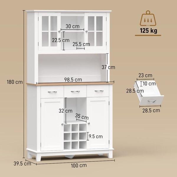 HOMCOM Dispensa da Cucina con Illuminazione LED e Controllo via APP, Portabottiglie e Ante in Vetro Bianco, 100x39.5x180 cm, Bianco | Aosom Italy