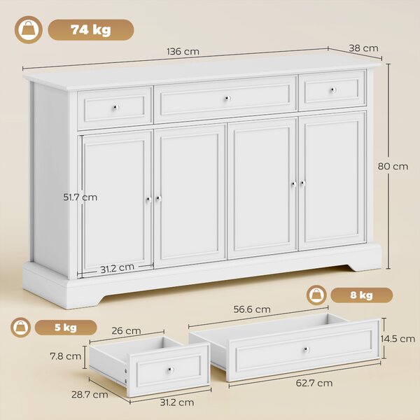 HOMCOM Buffet da cucina con 3 cassetti, 4 ante a chiusura ammortizzata e ripiani regolabili, 136x38x80 cm, bianco | Aosom Italy