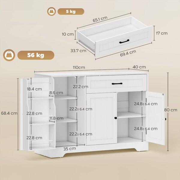 HOMCOM Credenza cucina con cassetto e ripiani regolabili, 3 ante a chiusura ammortizzata e porta-rack, 110x40x80 cm, Bianco | Aosom Italy